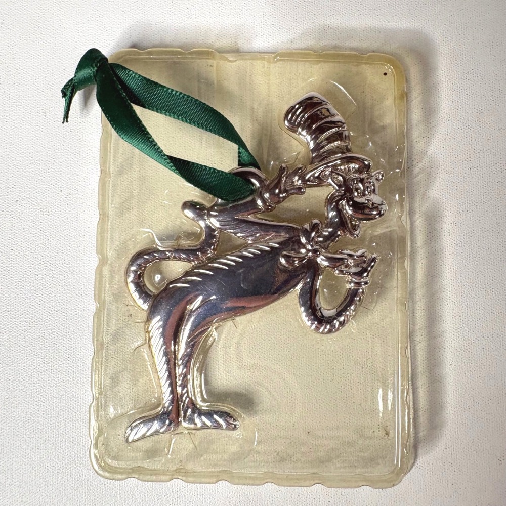 Dr Seuss Cat in the Hat Silver Tone Metal Christmas Ornament Green Ribbon